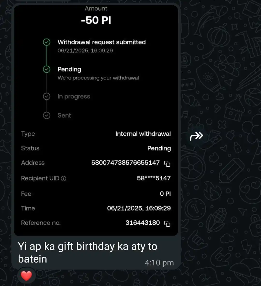 Image from ✦ 𝐈𝐥𝐲𝐚𝐬 𝐂𝐫𝐲𝐩𝐭𝐨 𝐄𝐱𝐜𝐡𝐚𝐧𝐠𝐞 ✦ 🔥💸: One of our group members just sent me *50 Pi coins as a Birthday gift....