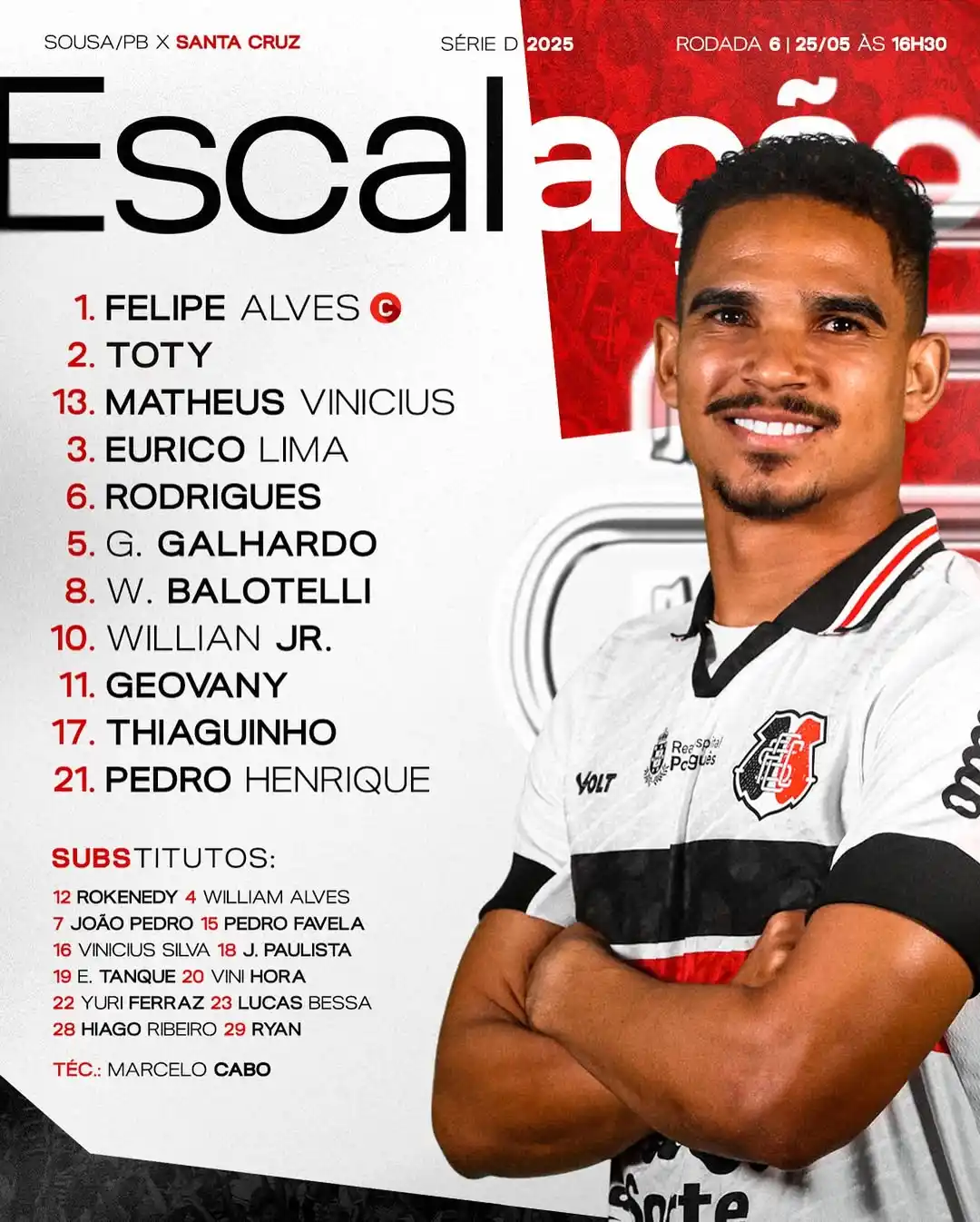 Image from Santa Cruz - Rádio Jornal: *Saiu a escalação coral! Sem Thiago Galhardo e Israel, Pedro Henrique ...