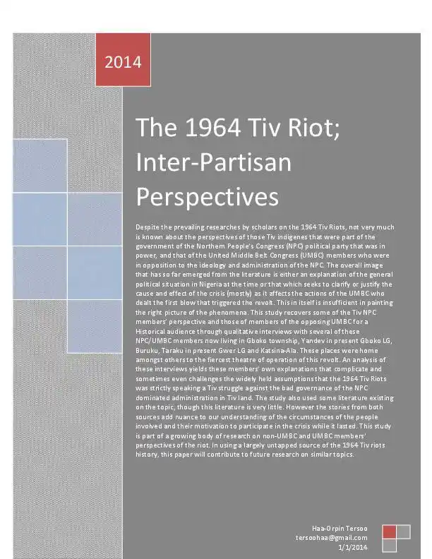 Image from INSIGHT BY OPPY: *The 2014 study "The 1964 Tiv Riot; Inter-Partisan Perspectives" by Ha...