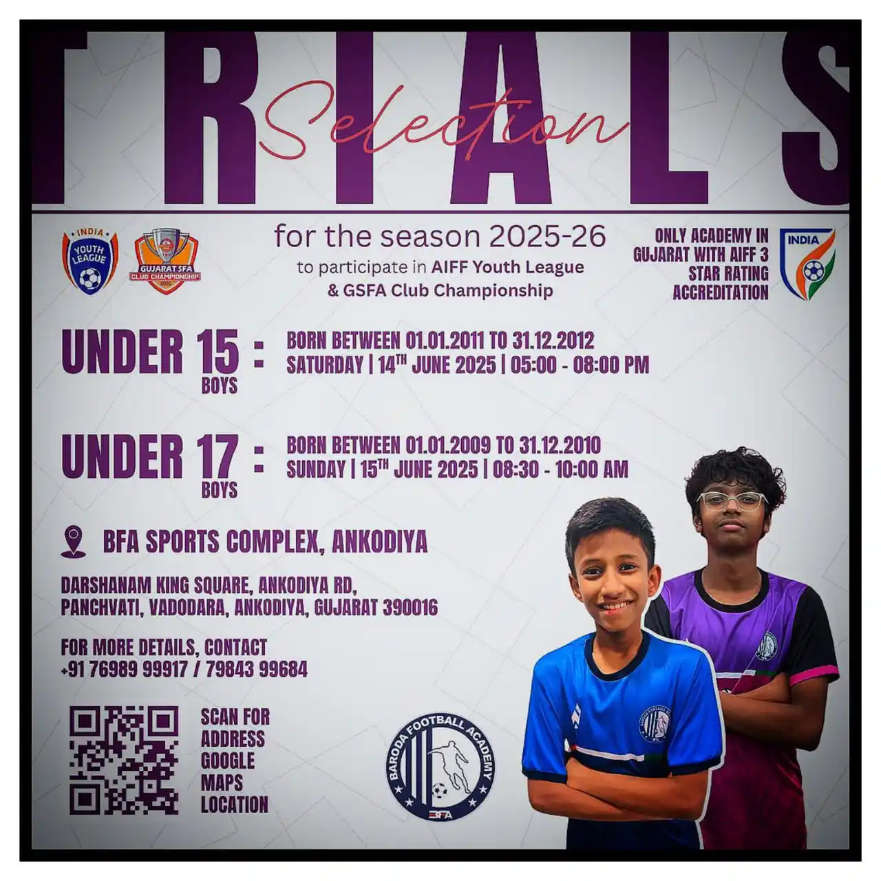 Image from Football Trials India ⚽🇮🇳: 📢 TRIAL ALERT – BARODA FOOTBALL ACADEMY Participate in AIFF Youth Lea...