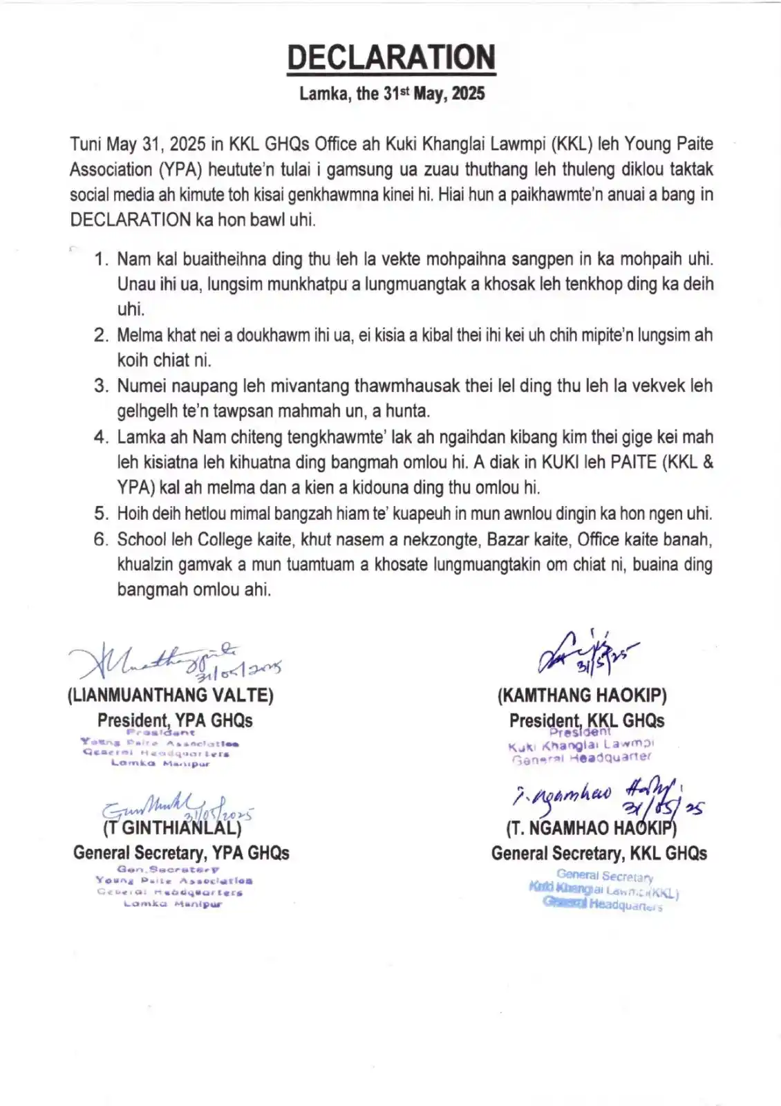 Image from Thaikawi Leelpi: *Tuni May 31 in Kuki Khanglai Lawmpi (KKL) GHQ leh Young Paite Associa...