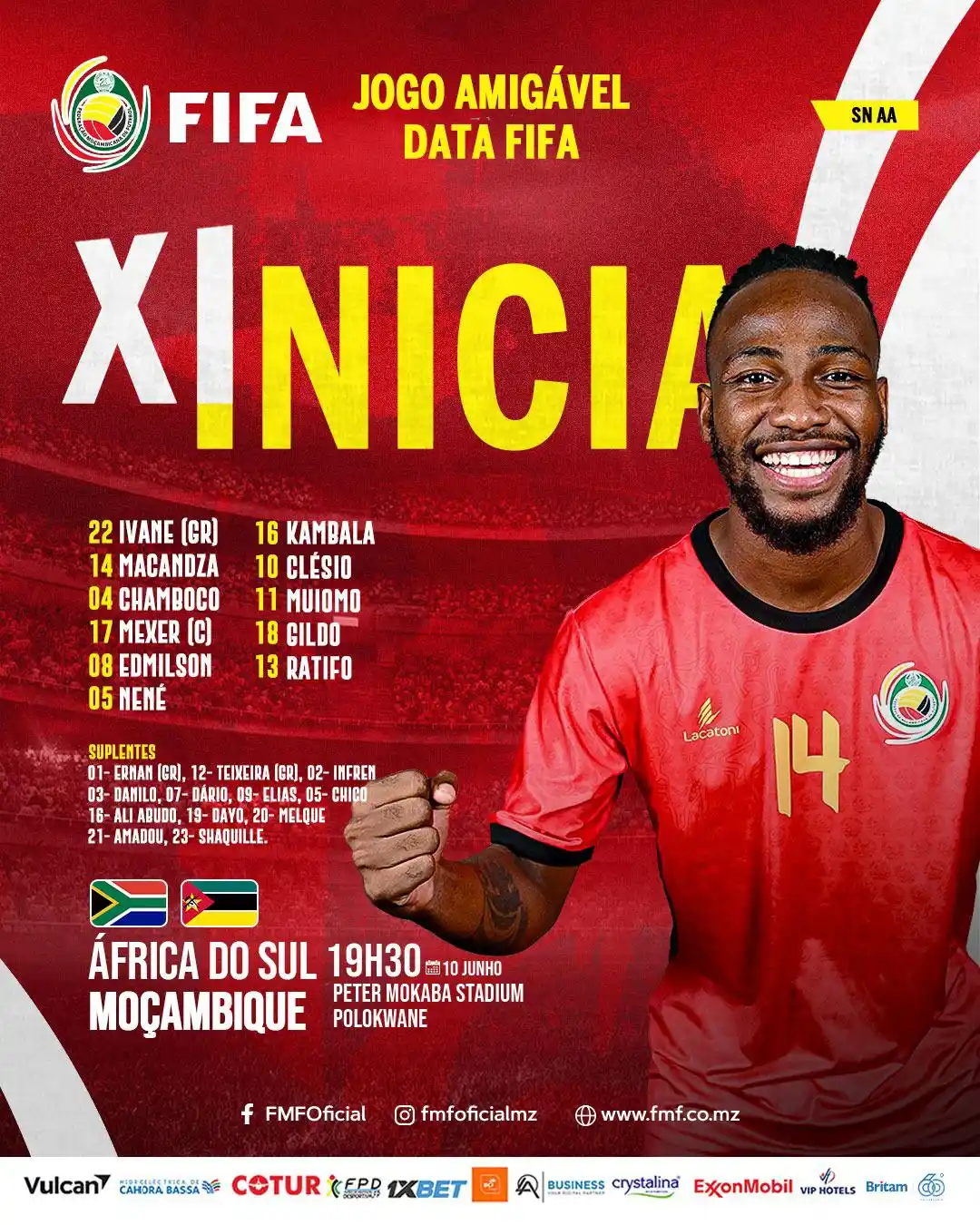 Image from FEDERAÇÃO MOÇAMBICANA DE FUTEBOL (Oficial) : XI INICIAL   *JOGO AMIGÁVEL DATA FIFA*  Eis o XI INICIAL para o jogo a...