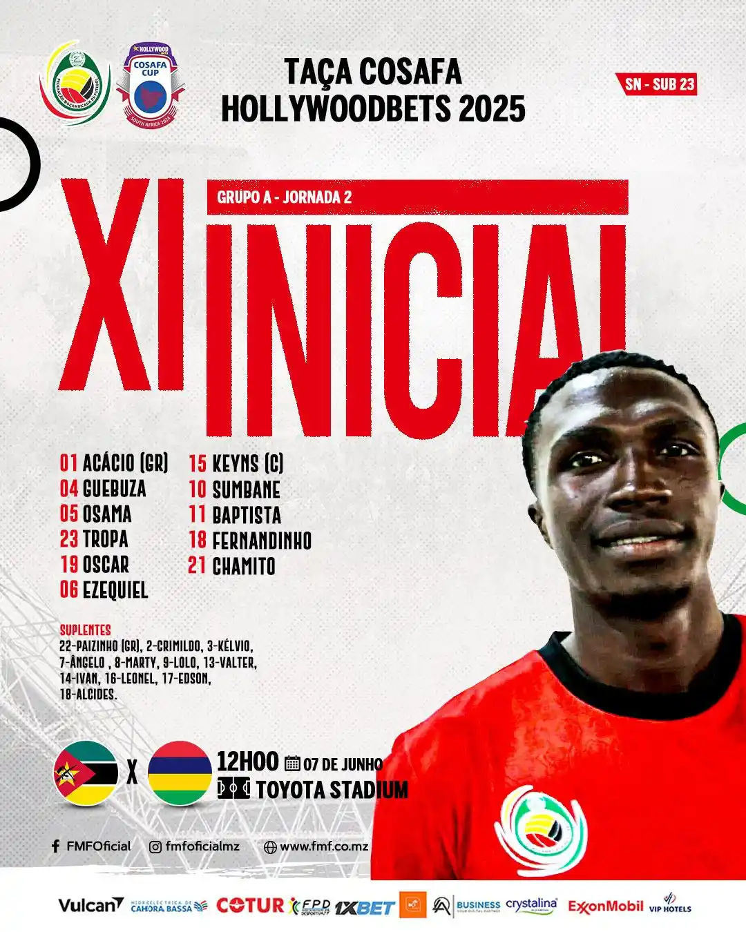 Image from FEDERAÇÃO MOÇAMBICANA DE FUTEBOL (Oficial) : XI INICIAL  𝐓𝐀𝐂̧𝐀 𝐂𝐎𝐒𝐀𝐅𝐀 𝐇𝐎𝐋𝐋𝐘𝐖𝐎𝐎𝐃𝐁𝐄𝐓𝐒 2️⃣0️⃣2️...