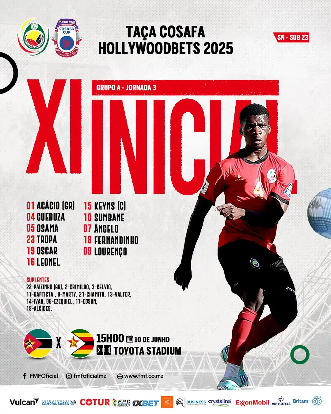 Image from FEDERAÇÃO MOÇAMBICANA DE FUTEBOL (Oficial) : XI INICIAL  𝐓𝐀𝐂̧𝐀 𝐂𝐎𝐒𝐀𝐅𝐀 𝐇𝐎𝐋𝐋𝐘𝐖𝐎𝐎𝐃𝐁𝐄𝐓𝐒 2️⃣0️⃣2️...