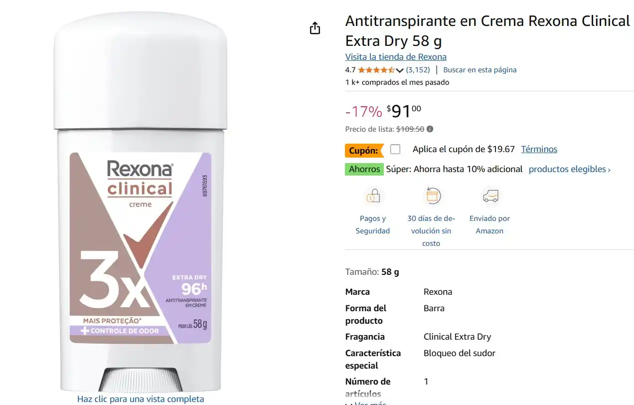 Image from Ofertas Mercado Libre: Antitranspirante en Crema Rexona Clinical Extra Dry *58 g.* De $109.50...