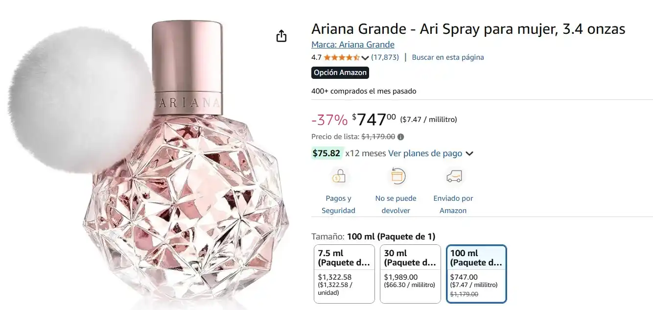 Image from Ofertas Mercado Libre: Ariana Grande - Ari Spray para mujer, *3.4 onzas.* De $1179 queda en *...