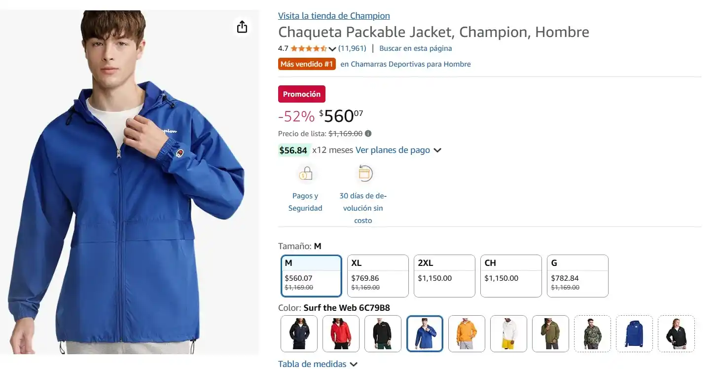 Image from Ofertas Mercado Libre: Chaqueta Packable Jacket, Champion, Hombre. *Talla M.* De $1169 queda ...