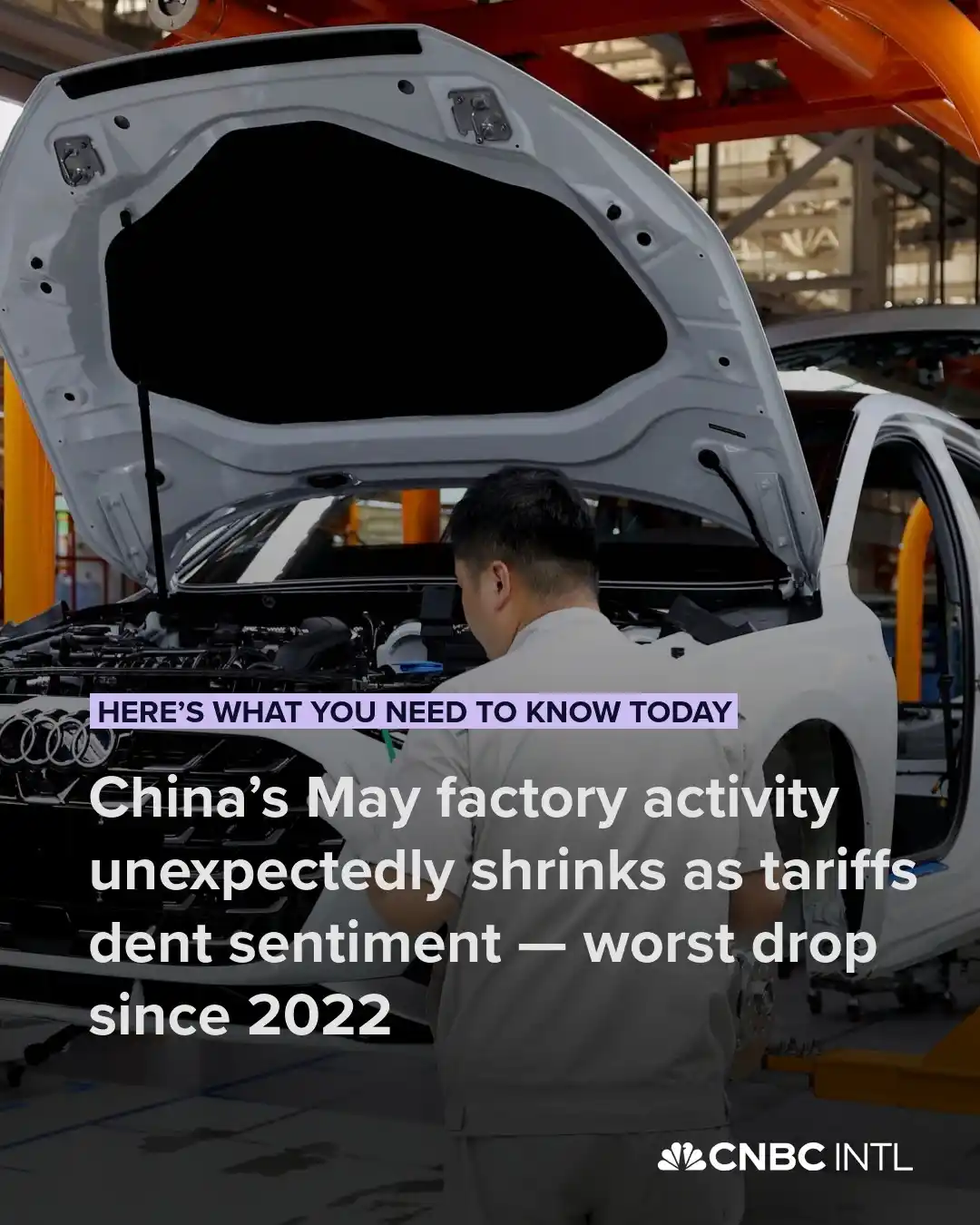 Image from CNBC International: *China’s factory activity in May falls sharply* The Caixin/S&P Global ...
