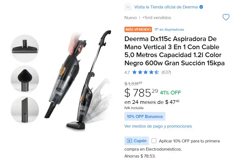 Image from Ofertas Mercado Libre: Deerma Dx115c Aspiradora De Mano Vertical *3 En 1 Con Cable 5,0 Metros...
