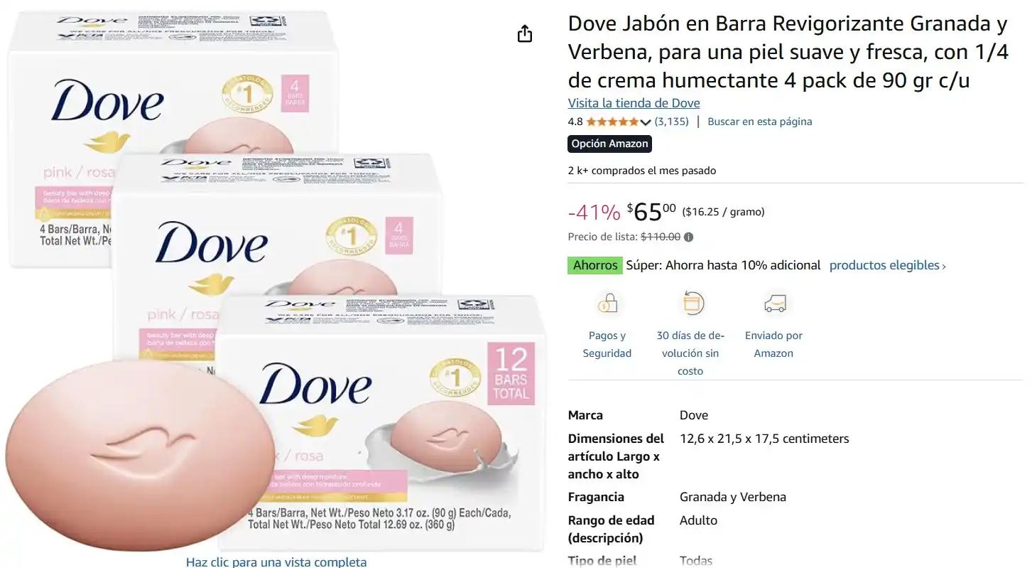 Image from Ofertas Mercado Libre: Dove Jabón en Barra Revigorizante Granada y Verbena, para una piel sua...