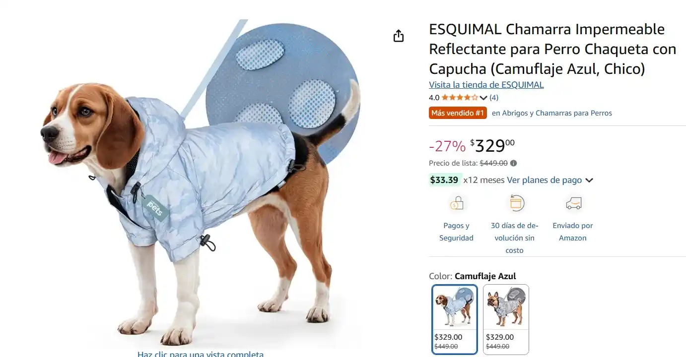 Image from Ofertas Mercado Libre: ESQUIMAL Chamarra Impermeable Reflectante para Perro Chaqueta con Capu...