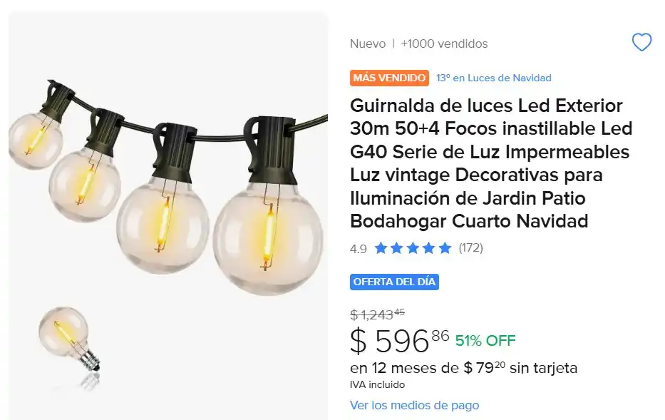 Image from Ofertas Mercado Libre: Guirnalda de luces Led Exterior *30m 50+4* Focos inastillable Led G40 ...