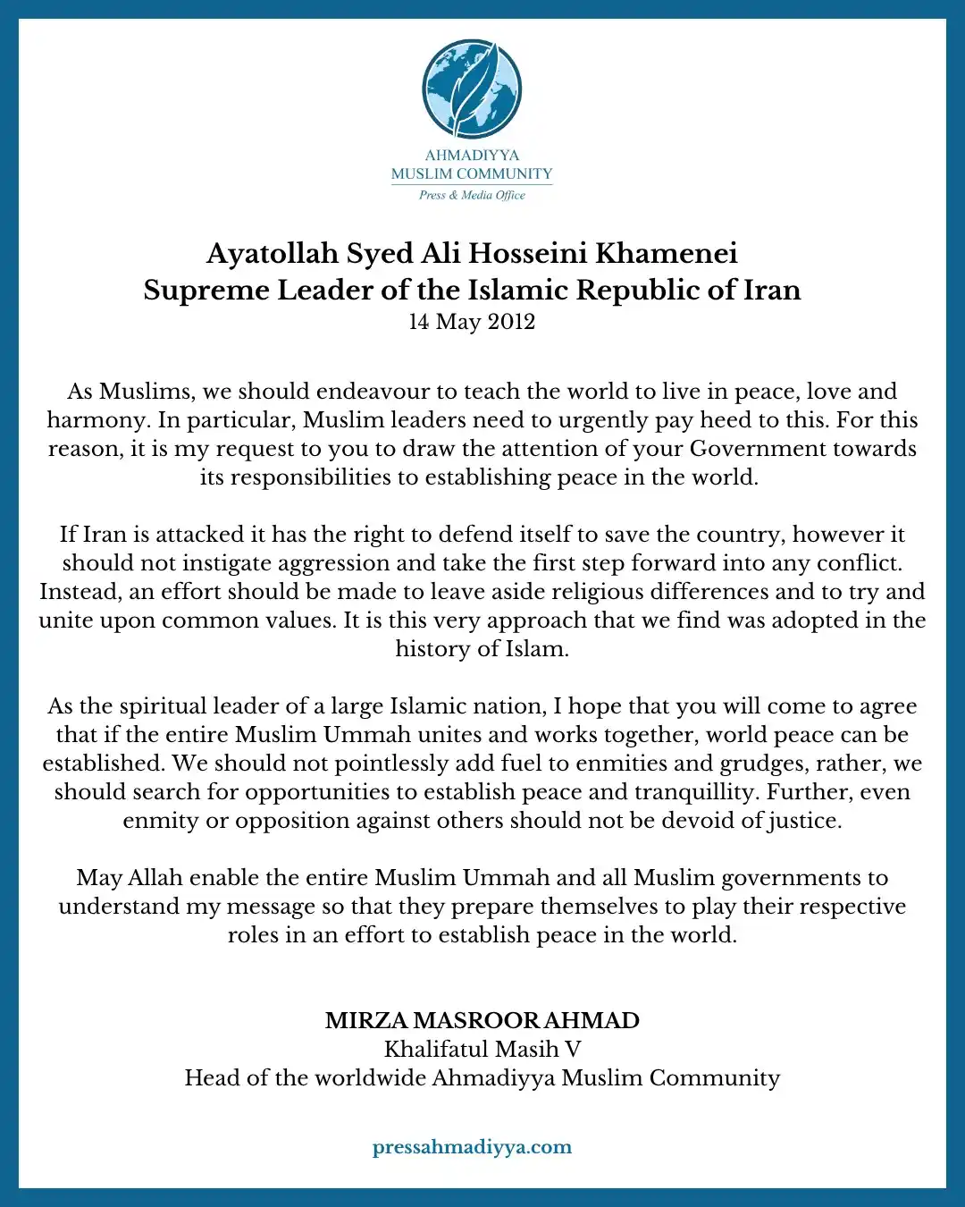 Image from AHMADIYYA HUB: In 2012, as the world faced rising conflicts and tensions, His Holines...