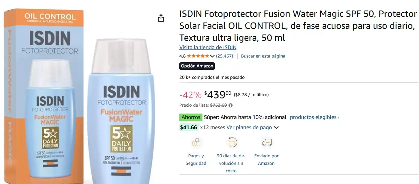 Image from Ofertas Mercado Libre: ISDIN Fotoprotector Fusion Water Magic de $753 a *$439* https://amzn.t...