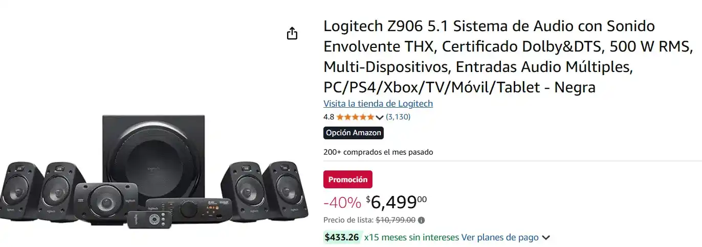 Image from Ofertas Mercado Libre: Logitech Z906 5.1 Sistema de Audio con Sonido Envolvente THX, Certific...