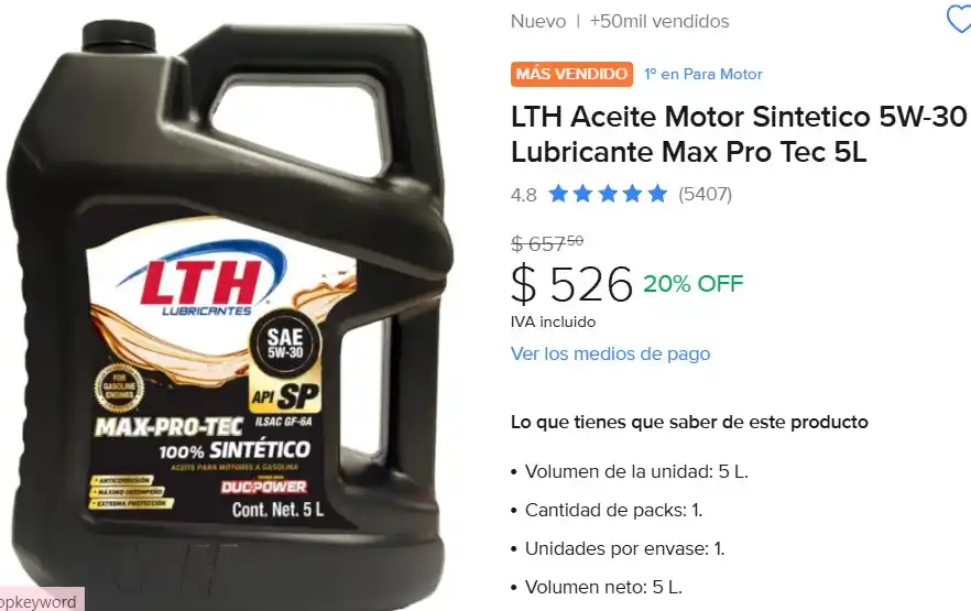 Image from Ofertas Mercado Libre: LTH Aceite Motor Sintetico a *$526* https://mercadolibre.com/sec/11BTa...