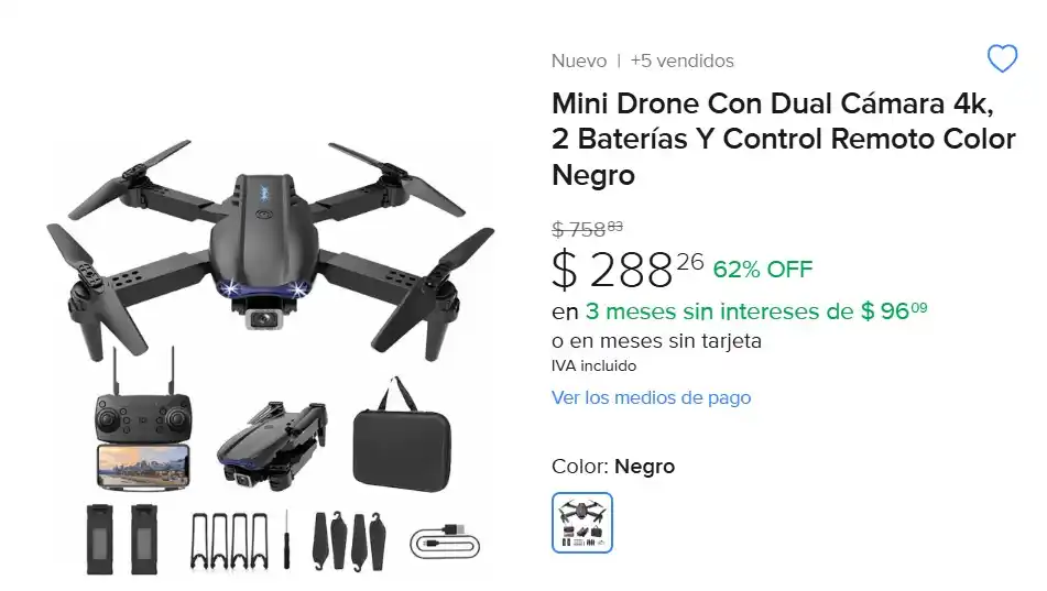 Image from Ofertas Mercado Libre: Mini Drone Con Dual Cámara 4k, *2 Baterías* Y Control Remoto Color Neg...