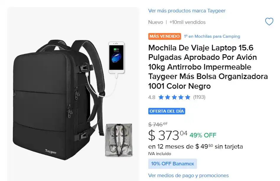Image from Ofertas Mercado Libre: Mochila De Viaje Laptop 15.6 Pulgadas Aprobado Por Avión *10kg* Antirr...