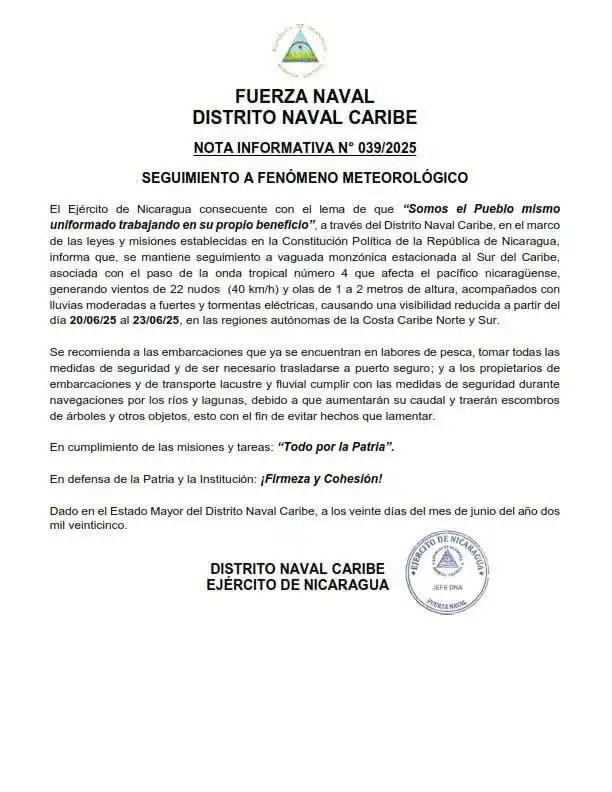 Image from SandinoGuerrilleroProletario: 📍🇳🇮 Fuerza Naval vigila vaguada monzónica que afectará el Caribe No...