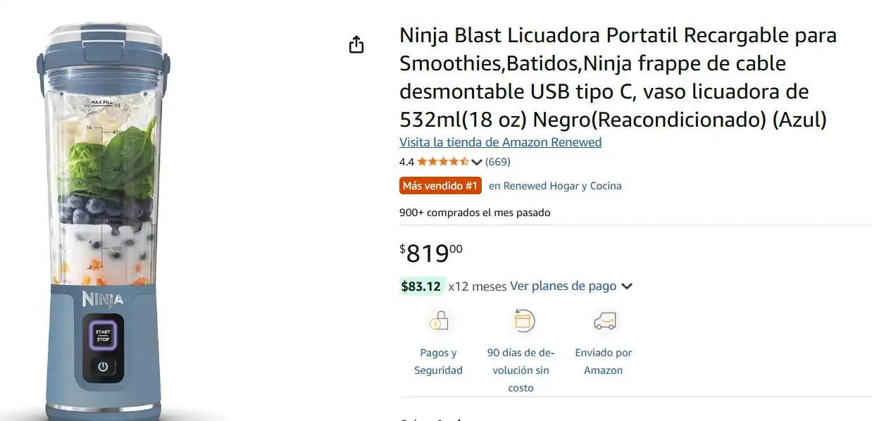 Image from Ofertas Mercado Libre: Ninja Blast Licuadora Portátil Recargable a *$819* https://amzn.to/3HP...