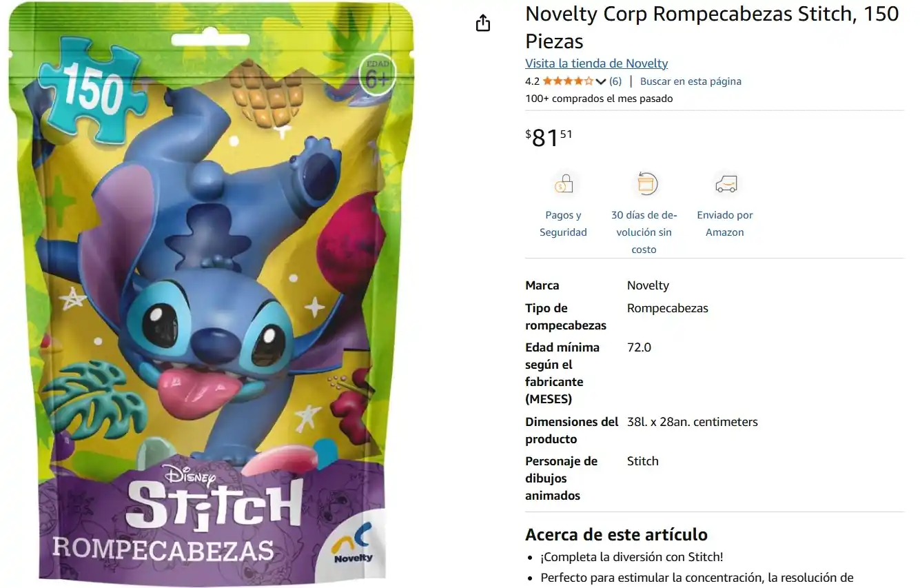 Image from Ofertas Mercado Libre: Novelty Corp Rompecabezas Stitch, *150 Piezas.* Queda en *$81.50.* htt...