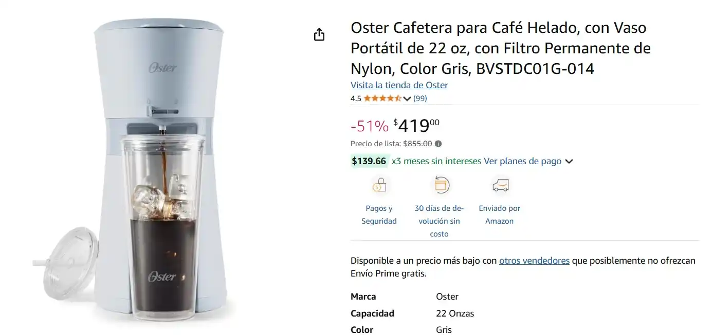 Image from Ofertas Mercado Libre: Oster Cafetera para Café Helado, con Vaso Portátil de *22 oz,* con Fil...