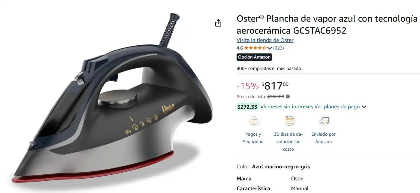 Image from Ofertas Mercado Libre: Oster® Plancha de vapor azul con tecnología aerocerámica GCSTAC6952. D...