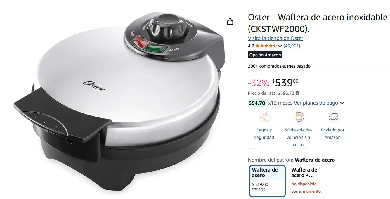 Image from Ofertas Mercado Libre: Oster - Waflera de acero inoxidable (CKSTWF2000).. De $796.72 queda en...