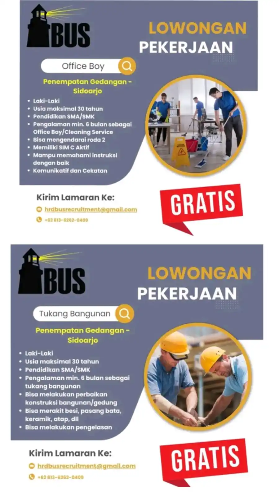 Image from Sharing Informasi Jatim Saluran: Penempatan Gedangan sidoarjo   hrdbusrecruitment@gmail.com   0813-6262...