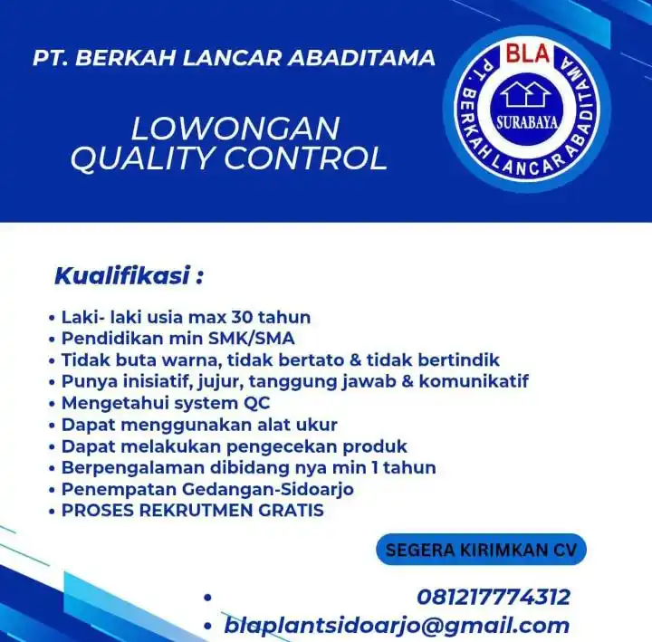 Image from Sharing Informasi Jatim Saluran: 🏢 *PT BERKAH LANCAR ABADITAMA* 📍 *GEDANGAN SIDOARJO* Posisi •Qualit...