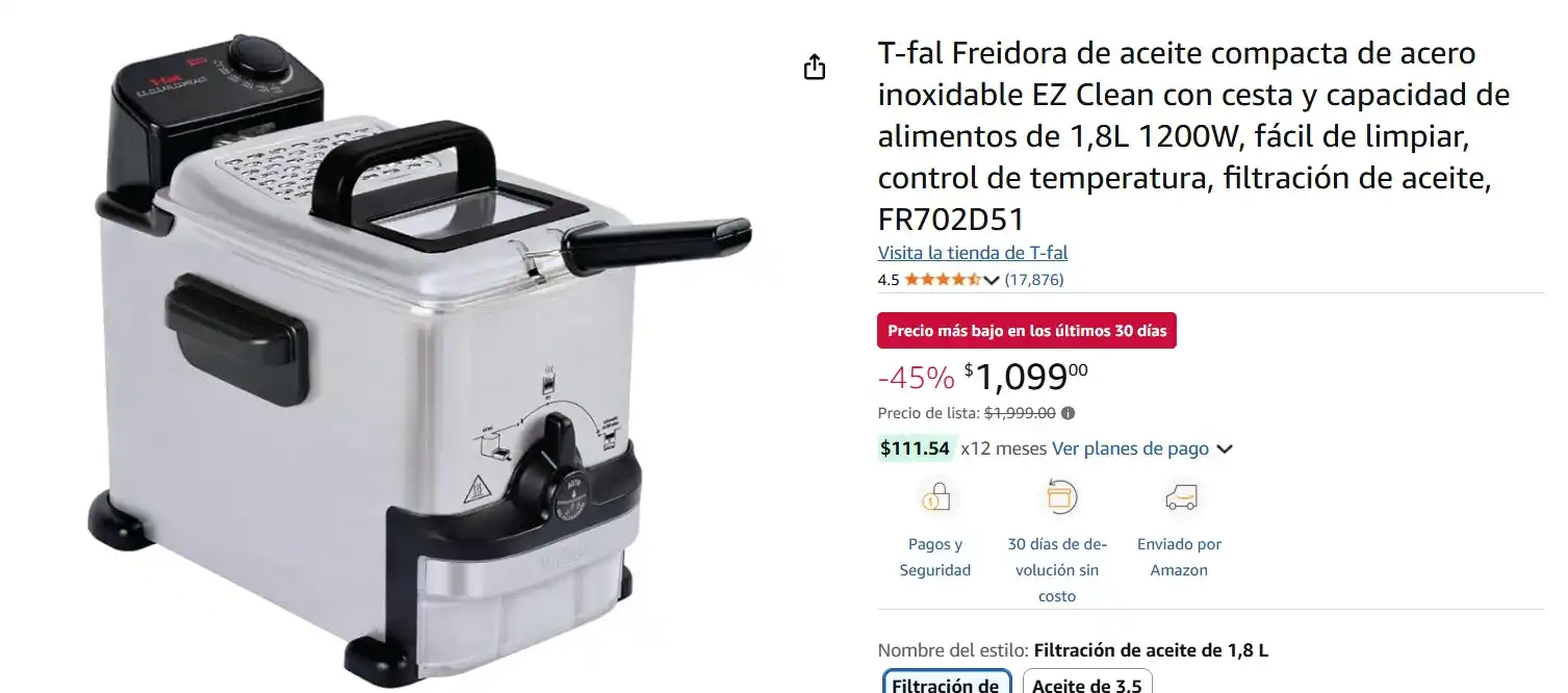 Image from Ofertas Mercado Libre: T-fal Freidora de aceite compacta de acero inoxidable EZ Clean con ces...