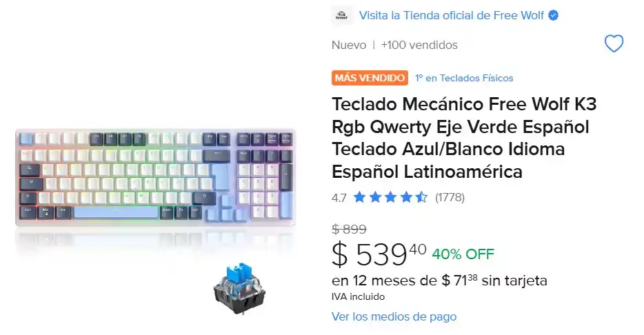 Image from Ofertas Mercado Libre: Teclado Mecánico Free Wolf K3 Rgb Qwerty Eje Verde Español Teclado Azu...