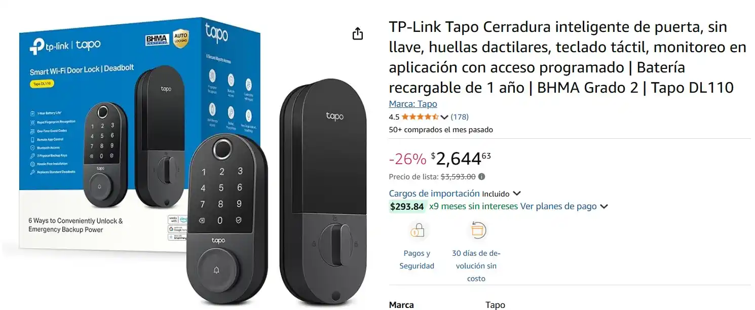 Image from Ofertas Mercado Libre: TP-Link Tapo Cerradura inteligente de puerta, sin llave, huellas dacti...