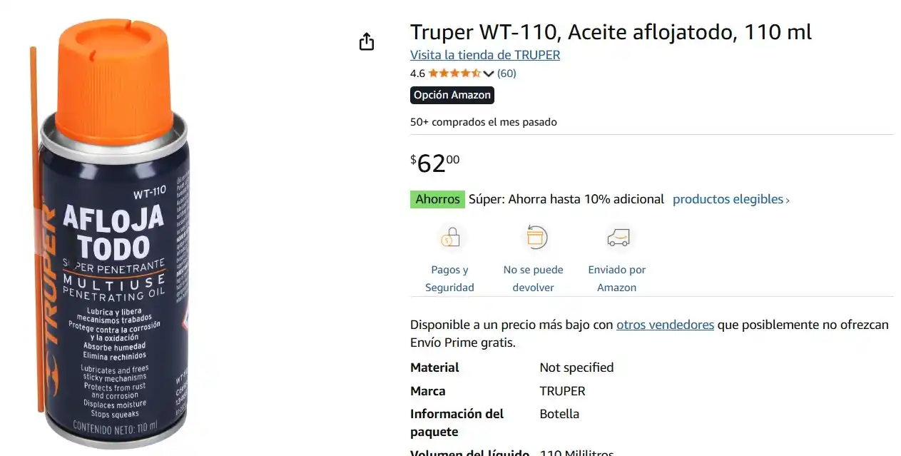 Image from Ofertas Mercado Libre: Truper WT-110, Aceite aflojatodo, *110 ml.* Queda en *$62.* https://am...