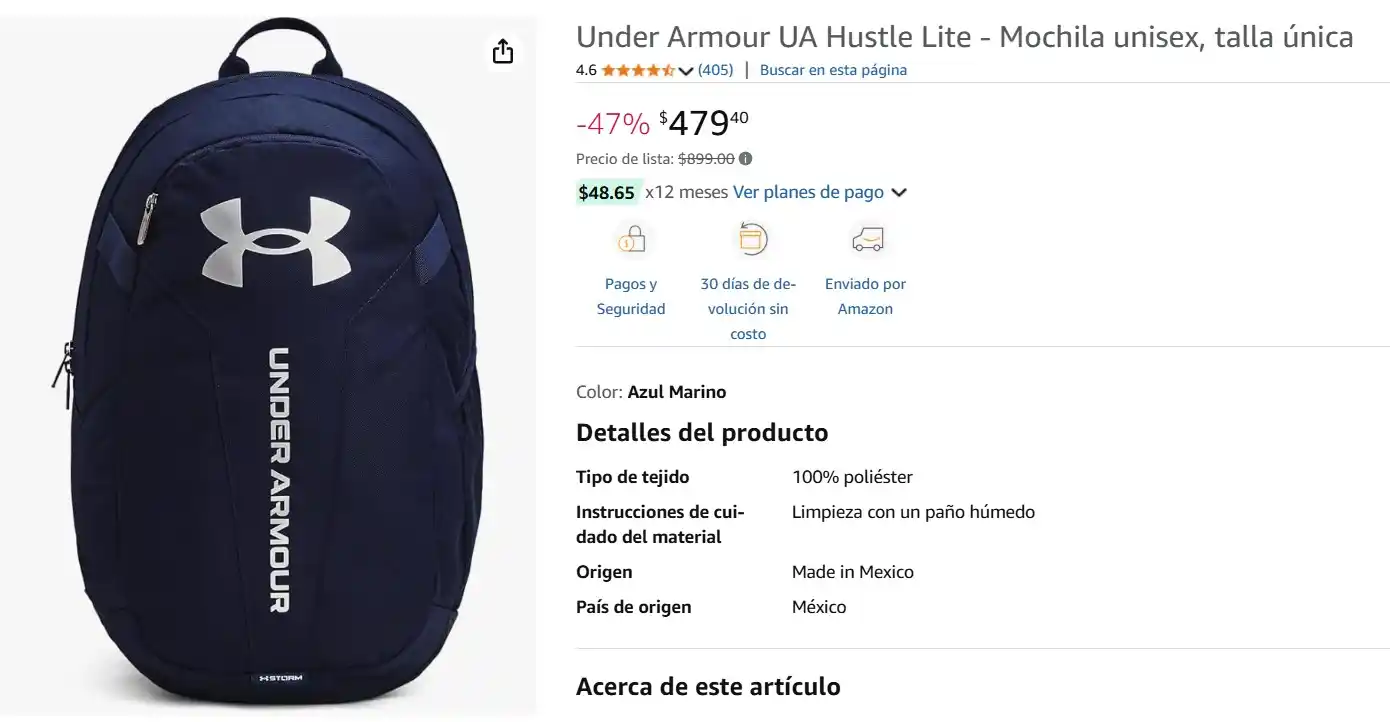 Image from Ofertas Mercado Libre: Under Armour UA Hustle Lite - Mochila unisex, talla única. De $899 que...