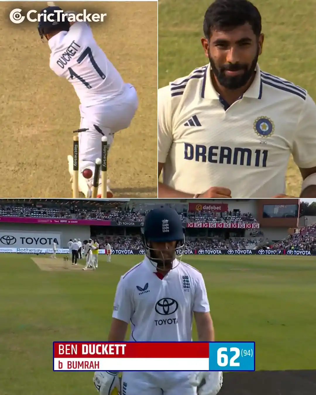 Image from CricTracker: Another one for Boom! Jasprit Bumrah sends back Ben Duckett on 62 👊  ...