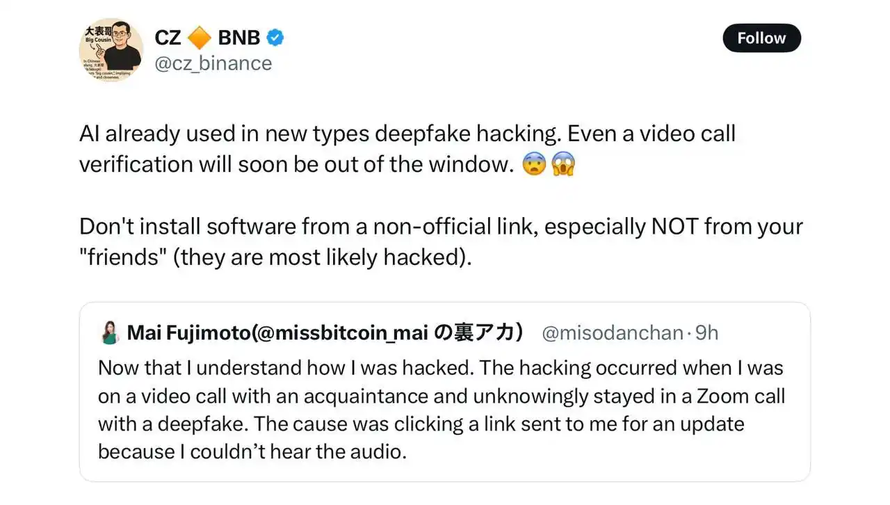 Image from COUNSELOR AYOBAMI: 🤔 CZ warns that even video calls can no longer be considered secure. ...