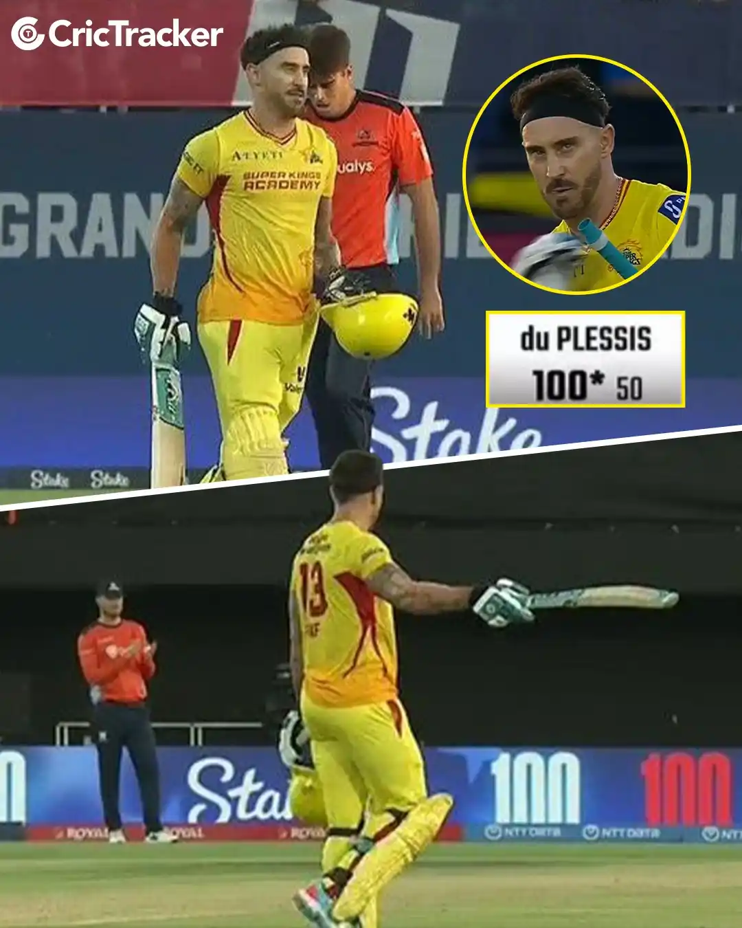 Image from CricTracker: Faf du Plessis, at 40 years of age, is still giving his best.  He play...