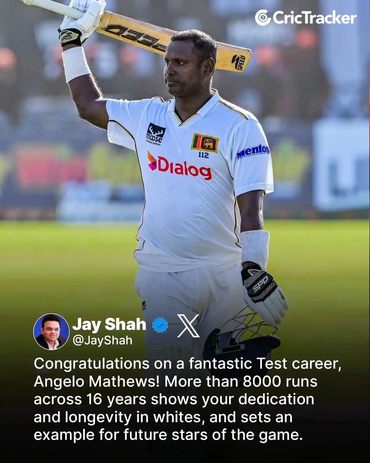 Image from CricTracker: ICC Chairman Jay Shah congratulates Sri Lankan legend Angelo Mathews a...
