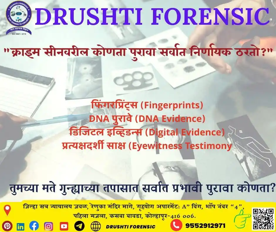 Image from DRUSHTI FORENSIC LAB: "क्राइम सीनवरील कोणता पुरावा सर्वात निर्णायक ठरतो?" 1. फिंगरप्रिंट्स (...