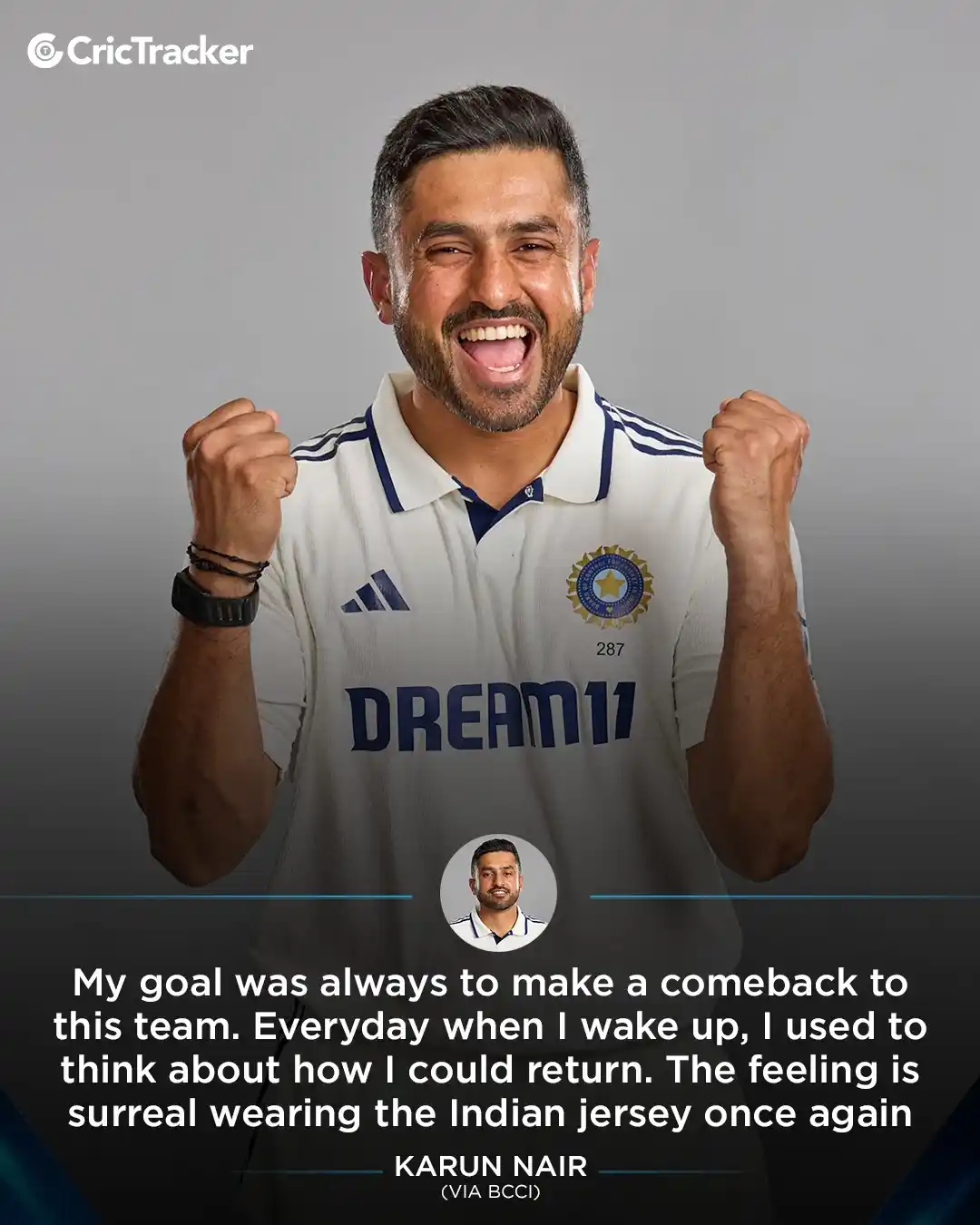 Image from CricTracker: Karun Nair reacts to his Test redemption journey alongside his oldest ...