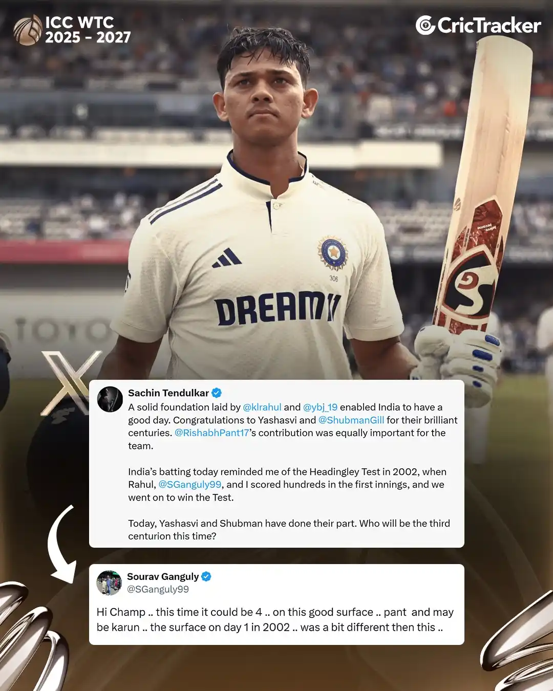 Image from CricTracker: Sachin Tendulkar and Sourav Ganguly, heroes of the 2002 Headingley Tes...