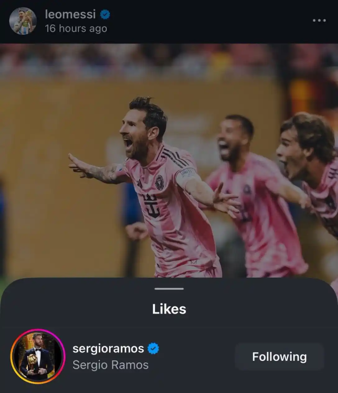 Image from GOAL RUSH HQ: ❗️Sergio Ramos liked Messi’s Instagram post....