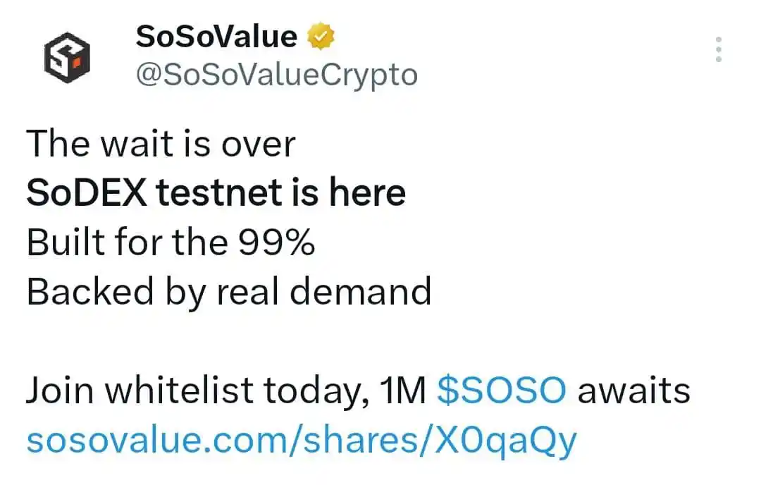 Image from COUNSELOR AYOBAMI: 🎁SosoValue ~ SoDEX Testnet  💰Rewards > 1M Soso =  $511K 🎉For Select...