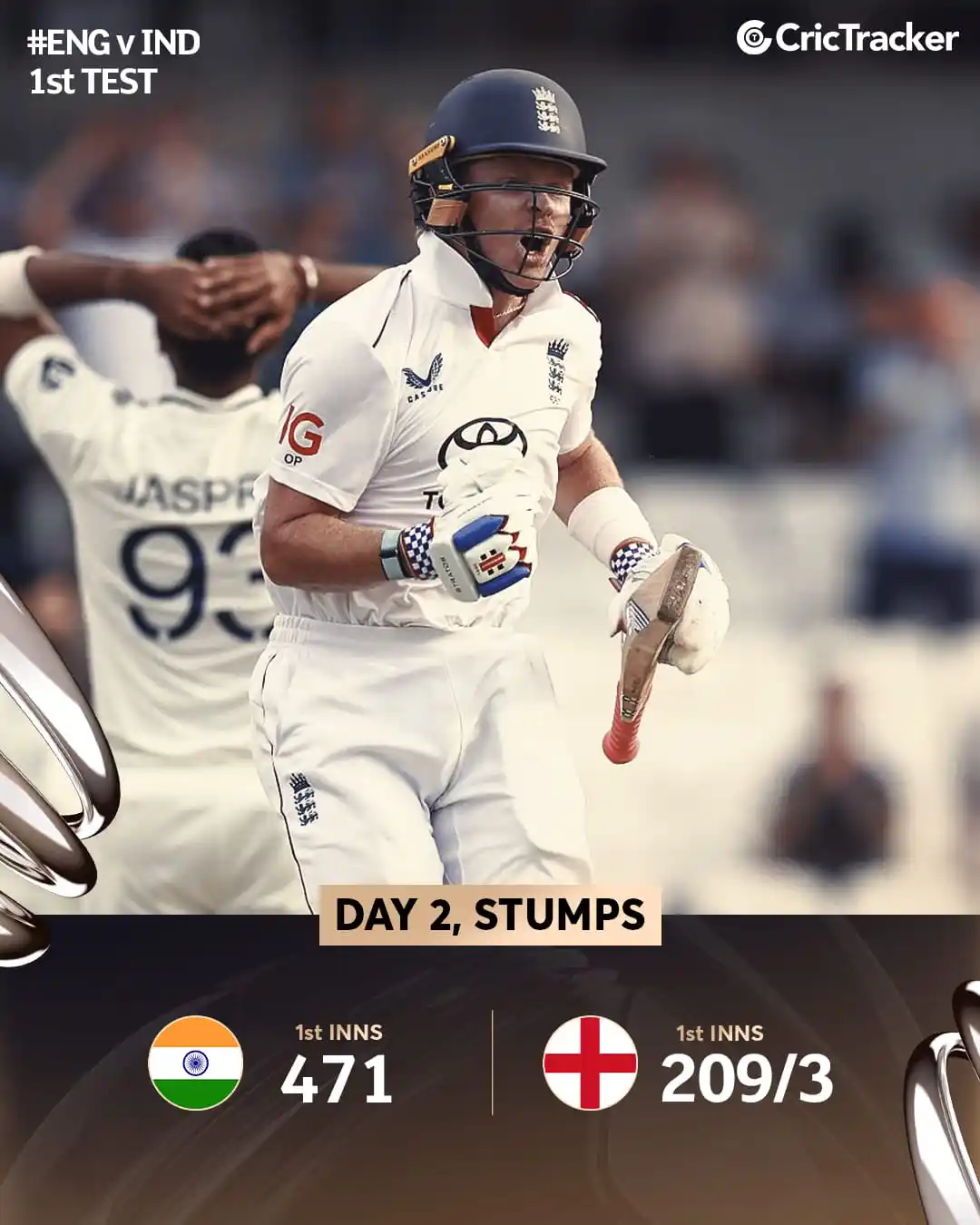 Image from CricTracker: Stumps on Day 2 at Headingley 🏟️ England pull things back with both...