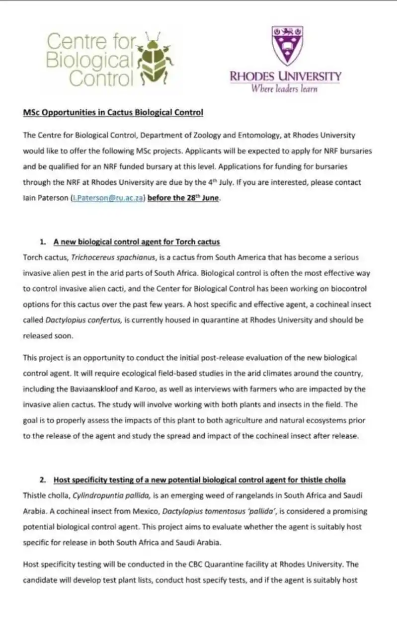 Image from OPPORTUNITY DESK: *Three MSc Opportunities at Rhodes University's Centre for Biological ...
