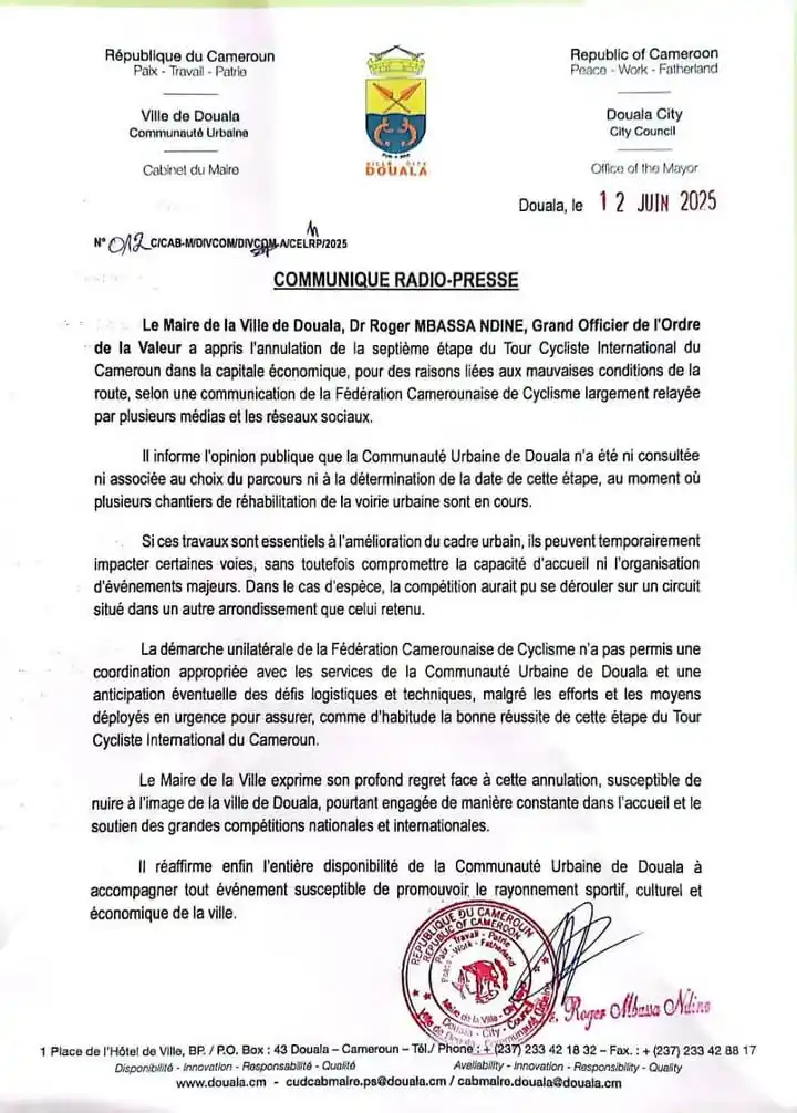 Image from JOURNAL DU CAMEROUN: Annulation de la 7è étape du tour cycliste international du Cameroun à...