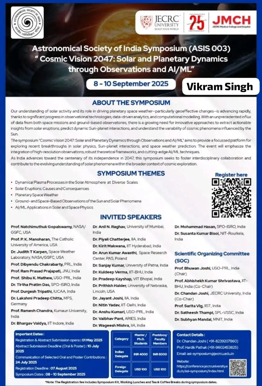 Image from Physics Jobs UG PG PHD Intership Project Workshop: Astronomical Society of India Symposium (ASIS 003) Cosmic Vision 2047...