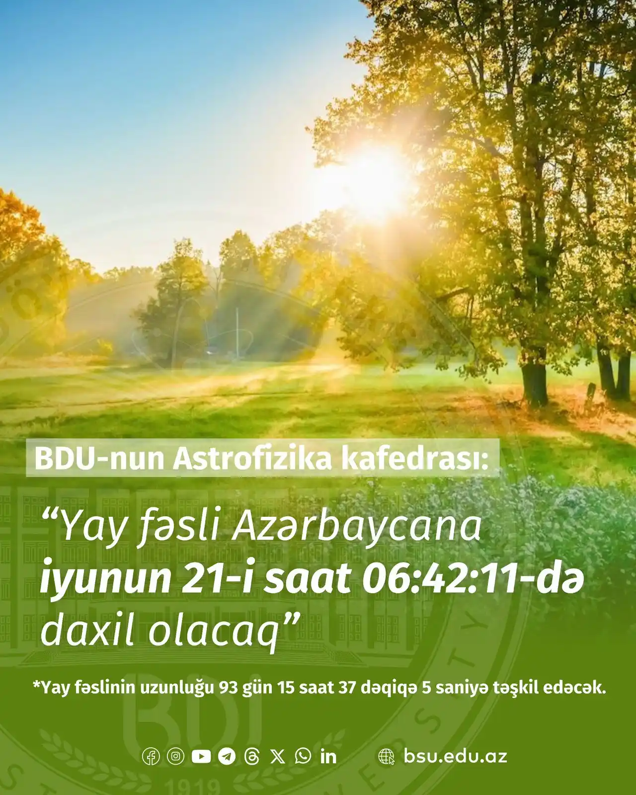 Image from BDU: ☀️BDU-nun Astrofizika kafedrası: “Yay fəsli Azərbaycana iyunun 21-i sa...
