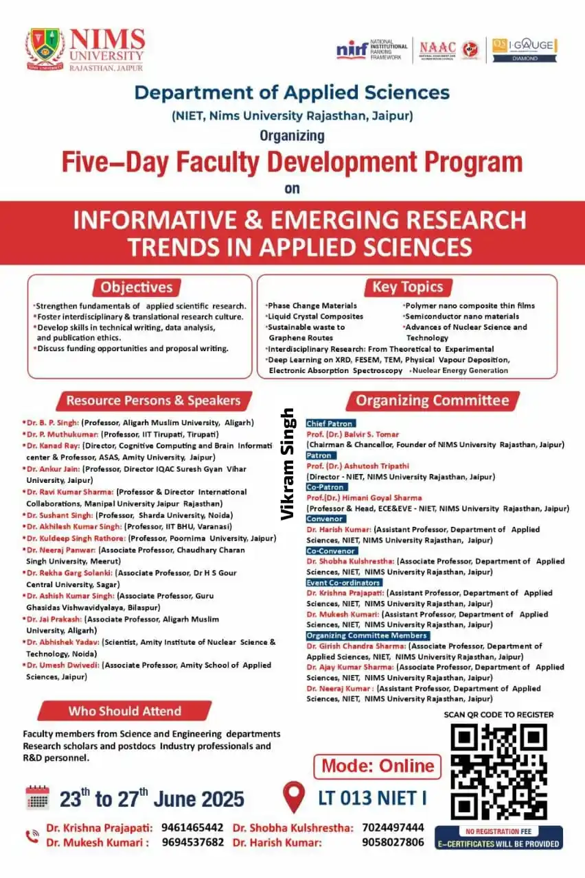 Image from Physics Jobs UG PG PHD Intership Project Workshop: Department of Physics NIMS University is Hosting a 3 day FDP cum lectu...